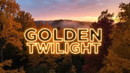 Warm glowing text "GOLDEN TWILIGHT" set against a misty, colorful autumn forest landscape at sunset. - Powered by Adobe