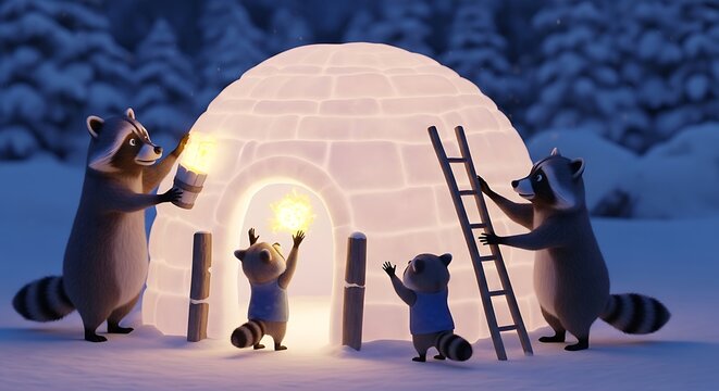 Adorable raccoons building a glowing igloo in a magical snowy forest scene
