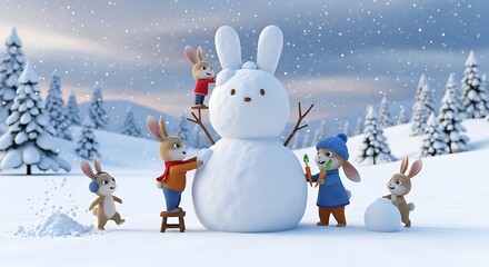 Cute cartoon rabbits build a giant snowman together in a snowy winter forest scene