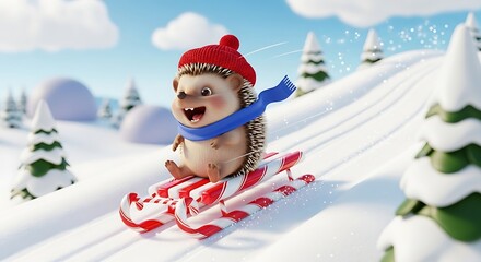 Cute cartoon hedgehog wearing a red hat and blue scarf snowboarding down a snowy hill