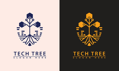 Tech tree logo with roots and city skyline base. Symbolizes urban technology, smart city, digital infrastructure, and growth.