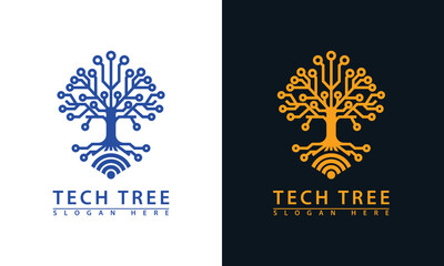 Tech tree logo with WiFi roots. Represents digital growth, network connectivity, online data, and wireless communication.