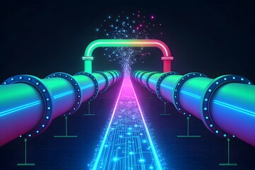 Futuristic digital data flow through glowing neon pipelines