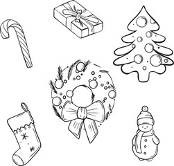 Christmas and New Year vector line art set featuring a festive wreath with a bow, a decorated Christmas tree, a stocking, a candy cane, a gift box with ribbon, and a snowman. 