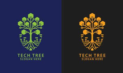 Tech tree logo with hexagon canopy and city base. Represents smart growth, urban technology solution, and environmental innovation.