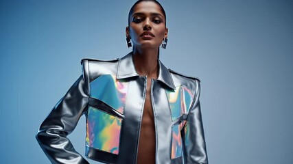Confident Young Woman in Futuristic Silver Metallic Outfit with Holographic Accents Posing in a Studio - Powered by Adobe