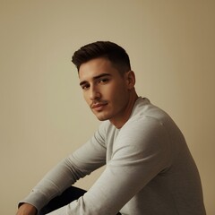 Stylish young man posing in soft studio lighting with neutral background, showcasing modern minimal fashion and calm confident expression