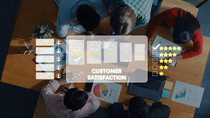 A diverse team collaborates in a modern workspace, analyzing customer satisfaction using various feedback tools, charts, and technology to enhance performance and strategy. Trope
