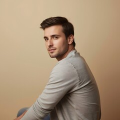 Stylish young man posing in soft studio lighting with neutral background, showcasing modern minimal fashion and calm confident expression