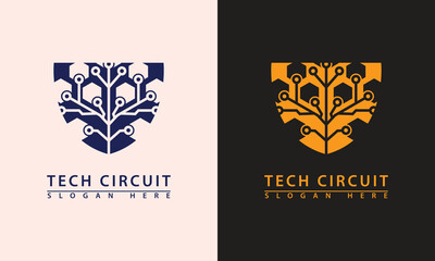 Shield logo with a circuit tree and hexagon leaves. Represents cyber security, tech protection, network defense, and innovation.