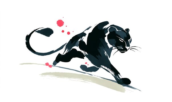 Zen-inspired ink painting of a jaguar in motion showing harmony between ferocity and serenity