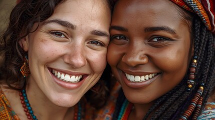 Two joyful friends standing close together in warm natural light, expressing authentic connection, diversity, and vibrant bohemian style through colorful clothing, radiant smiles, and intimate portrai