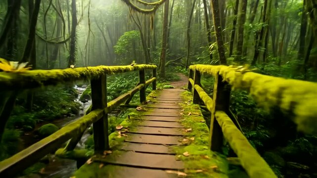 Serene wooden bridge covered in moss, crossing a tranquil stream in a lush forest