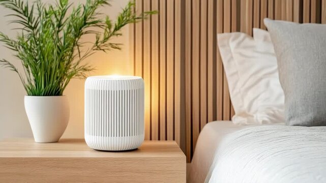 Modern bedside diffuser and lamp emitting warm glow beside potted plant wooden nightstand with cozy