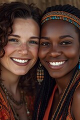 Two joyful friends standing close together in warm natural light, expressing authentic connection, diversity, and vibrant bohemian style through colorful clothing, radiant smiles, and intimate portrai