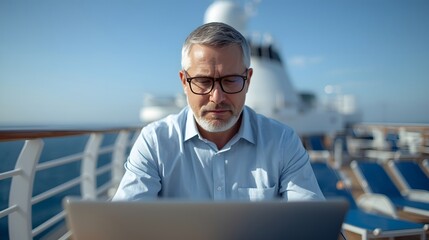 A mature professional working remotely on a laptop aboard an outdoor deck overlooking the ocean, capturing the concept of digital nomad lifestyle, productivity, and modern remote work in a relaxing co