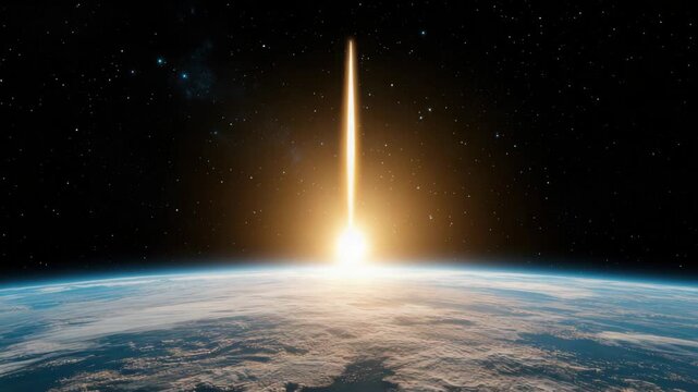 Golden rocket plume rising above earth horizon sunrise creating dramatic glow with starry space