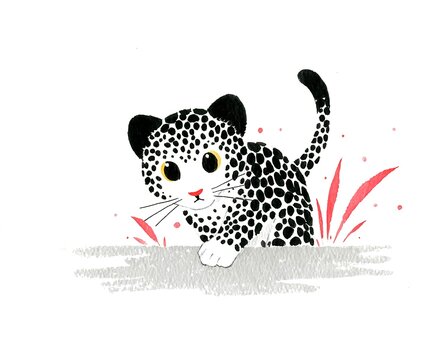 Expressive ink-wash rendering of a jaguar mid-leap with splattered brush effects symbolizing instinct and power