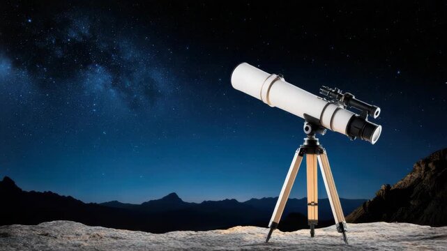 Telescope tripod beneath starry sky with Milky Way over distant mountain silhouette evoking wonder