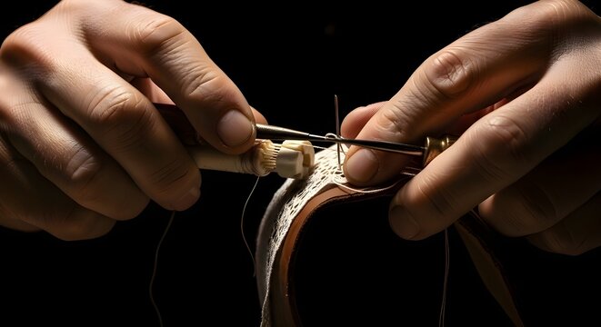 Close-up of Artisan Hands Stitching Leather Material with Craft Tools. Detailed View of Traditional Leatherwork and Handmade Manufacturing Process.