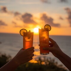 Celebratory beach moment with two refreshing cocktails held against a glowing sunset over the ocean, capturing vibrant color, relaxed vacation atmosphere, and the warm mood of shared enjoyment in a sc