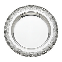 Elegant, ornate silver platter, mirror-polished with intricate floral rim. Ideal for luxury catering, wedding invitations, elegant event designs, upscale product promotions.