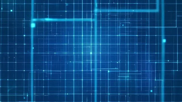 Futuristic blue grid background with glowing lines and abstract patterns.