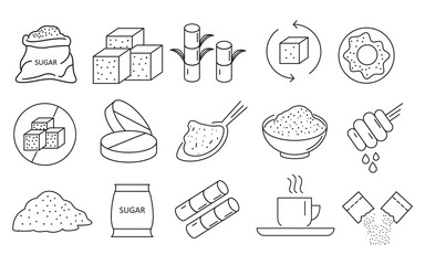 Sugar Icon Set – Editable Stroke Outline Vector,Sugar Cubes and Granules Icon Set – Thin Line Vector