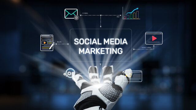 A robotic hand presents digital icons that represent social media marketing, illustrating the blend of technology and communication in modern marketing strategies. Synapse