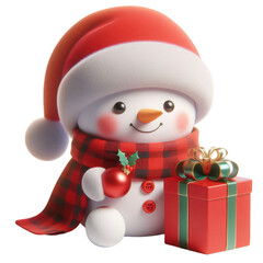 Red Hat snowman with a christmas gift box