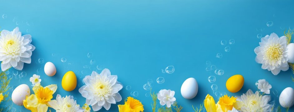 A vibrant spring banner featuring pastel Easter eggs and white blossoms on a teal background, perfect for seasonal sales and celebrations. Copy space.
