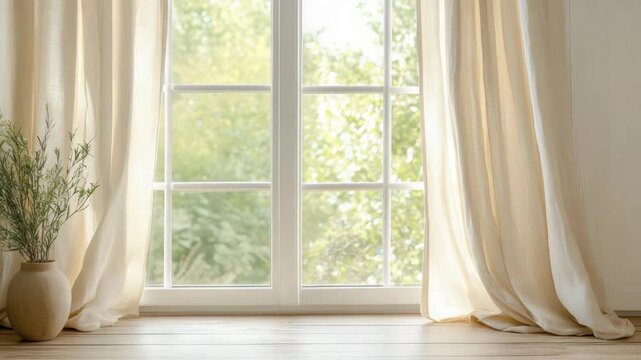 Sunlit window with sheer beige curtain, potted plant and vase creating calm atmosphere