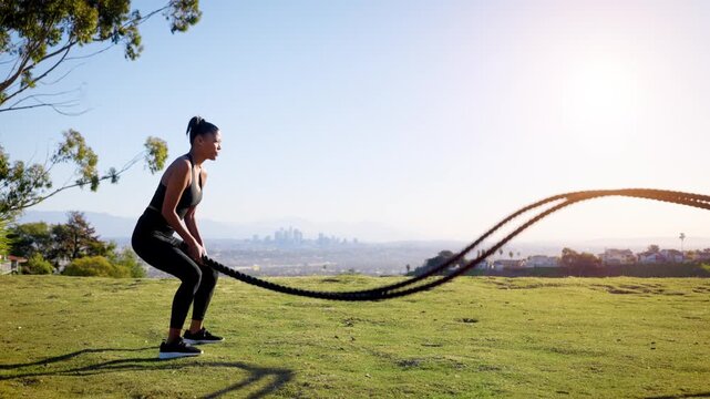 Mixed ethnicity (Asian-African) woman exercising in the park. The Los Angles skyline can be seen in the distance.