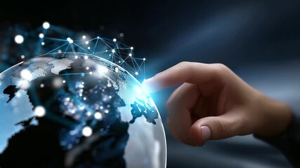 Faceless hand reaching toward a digital globe covered in financial network connections and data nodes, with copy space - Powered by Adobe