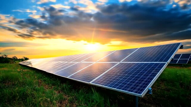 Solar panels capturing sunlight at sunset in a vibrant landscape, showcasing renewable energy