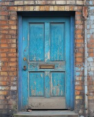 Aged teal door on a weathered brick wall