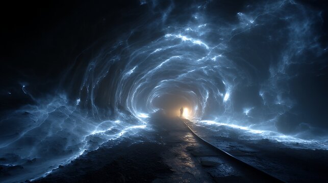 person standing in brightly lit tunnel