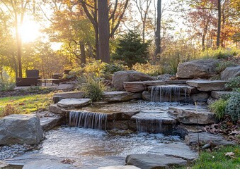 Autumn garden with waterfall, sunlit stones