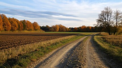 Autumnal country lane through plowed fields
