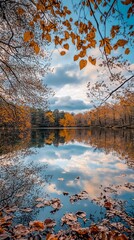 Autumnal lake reflected in a calm mirror-like surface, framed by vibrant fall foliage
