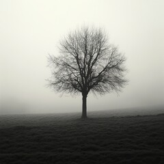 Bare tree in a misty field