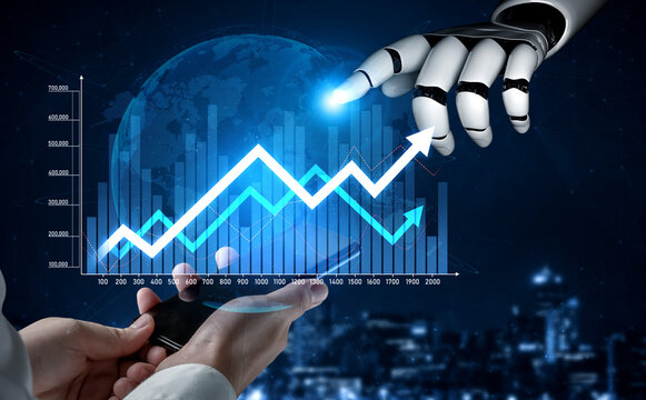 A human hand and a robotic hand interact with a digital graph representing financial growth, highlighting innovation in technology and future collaboration in data-driven decision-making. Scalp