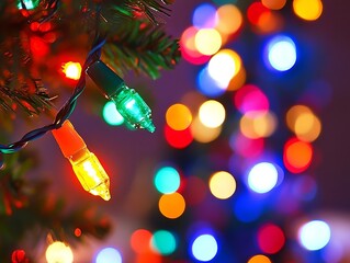 Christmas lights on a tree, blurred background