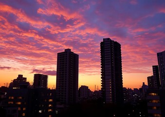 City skyline at vibrant sunset. Silhouetted buildings against a fiery pink and purple sky
