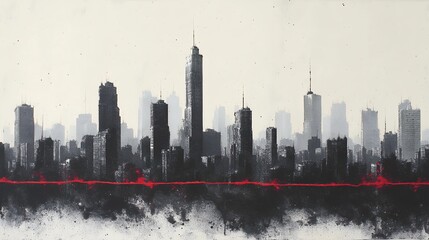 city skyline silhouette with red line