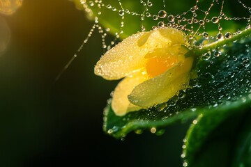 Close-up of a dewy yellow flower encased in a spiderweb