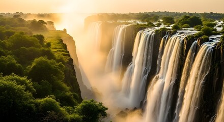 Waterfall Golden Sunrise, Misty Nature Scene