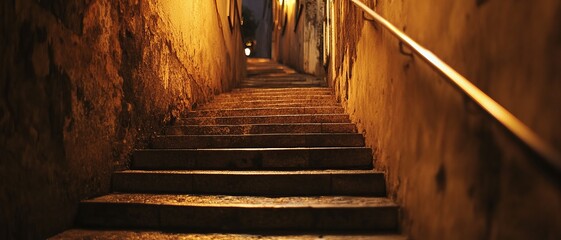 Ancient stone steps ascend a narrow alleyway at night