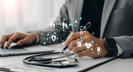 Professional analyzing health data and patient information with digital icons for medical innovation and healthcare management
