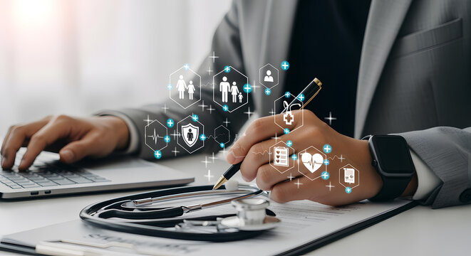 Professional analyzing health data and patient information with digital icons for medical innovation and healthcare management
